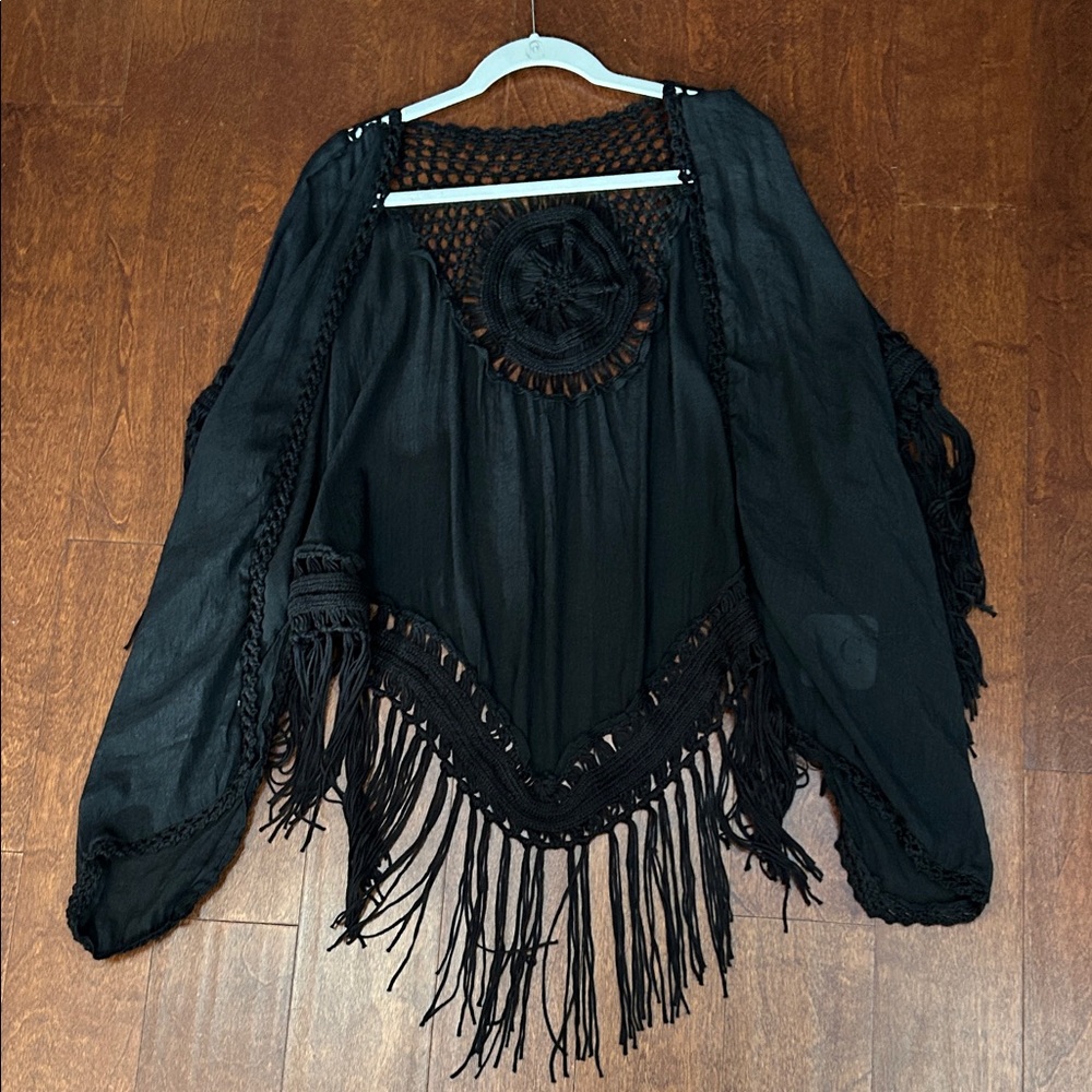 LC Black Fringe Open Front Kimono Top with Crochet Details, O/S, Size NWT